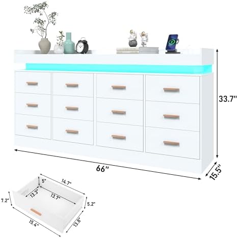 Hlivelood 12 Drawer Dresser with LED Light and Charging Station, Modern Chest of Drawers for Closet, Wide Drawer Organizer Cabinet, Living Room, Entryway, Hallway, White - Image 2