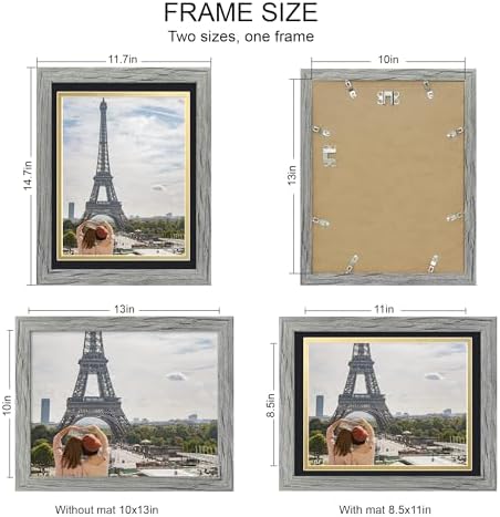 Hongkee 10x13 Picture Frame Set of 4, Made of Real Glass and Grey Frame, 10 by 13 Photo for Wall or Tabletop - Display Picture 8.5x11 with Mat or 10x13 Without Mat - Image 2