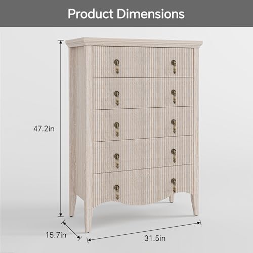 5-Drawer 47" Tall Fluted Dresser, Vertical Chest of Drawers,Nature Oak - Image 2