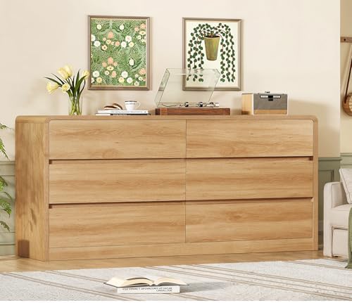 TEENFON 55" Dresser for Bedroom with 6 Drawers, Dressers & Chests of Drawers with Curved Profile Design, 6 Drawer Dresser, Bedroom Dressers, Wood Dressers for Bedroom, Hallway, Natural - Image 5