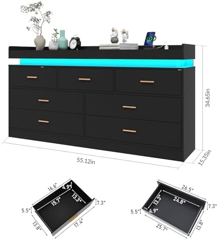 Hlivelood 7 Drawer Dresser with LED Light and Charging Station, Modern Chest of Drawers for Closet, Wide Drawer Organizer Cabinet for Bedroom, Living Room, Entryway, Hallway, Black - Image 2