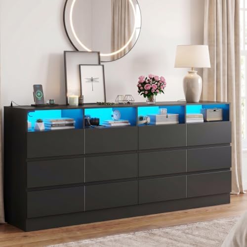 Gyfimoie 12-Compartment Divided Drawer Dresser w/Power Outlet, LED Light by Gyfimoie