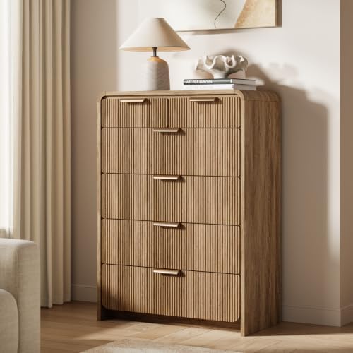 44" Tall 6 Drawers Fluted Dresser for Bedroom, Living Room, Light Walnut by HOTALLOY