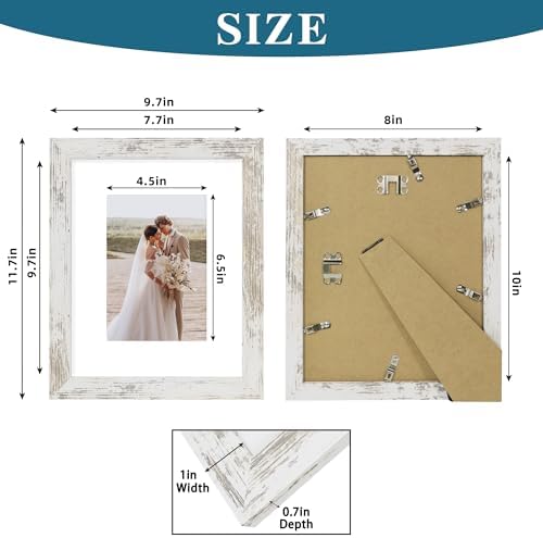 Hongkee 8x10 Picture Frame Set of 4, Made of Real Glass and Distressed White Wooden Frame, 8 by 10 Photo for Wall or Tabletop - Display Picture 5x7 with Mat or 8x10 Without Mat (Pack of 2) - Image 3