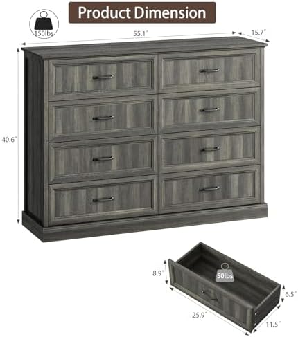 Farmhouse 8 Drawer Dresser for Bedroom, 55" Grey Dresser with TV Stand - Image 2