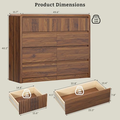 LYNSOM Walnut Fluted 9 Drawer Dresser for Bedroom, Curved Edge, 50" Wide - Image 2