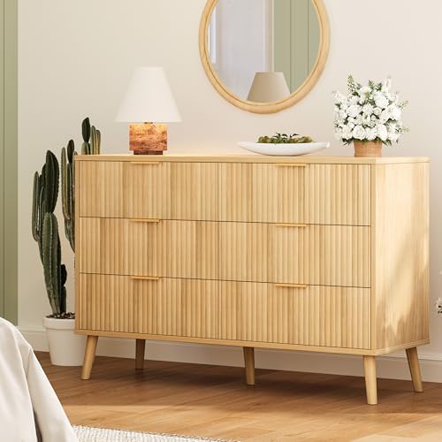 Fluted 6 Drawers Dresser for Bedroom, Wooden Wide Chest of Drawers with Metal Handle, Dresser TV Stand, Closet Storage Organizer for Entryway, Living Room, Hallway (Natural) by Unknown