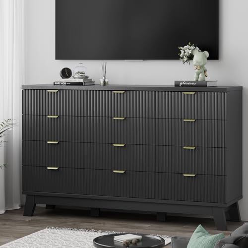 Xixini Fluted Dresser for Bedroom with 12 Drawers, 57" Wide Modern Chest of Drawers with Metal Handle, Wooden Dresser TV Stand, Wood Closet Clothes Storage Organizer for Living Room, Hallway, Black - Image 7