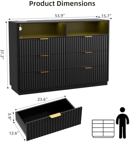 VOWNER Fluted 6 Drawers Dresser for Bedroom Chest of Drawers with 2 Shelves - Image 2