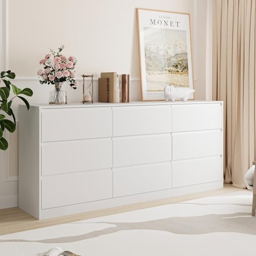 Bobve 70.9” Dresser for Bedroom with 9 Drawers, Large Modern Chest of Drawers with Deep Drawers, Wide Double Dresser Handle Free, Storage Organizer for Bedroom, Living Room, Hallway (White) by Bobve