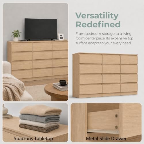 12 Drawer Dresser for Bedroom,Modern Deep Drawer Dresser with No-Handle Design,Storage Wood Chest of Drawer,Storage Organizer Furniture for Closet,Hallway - Image 4