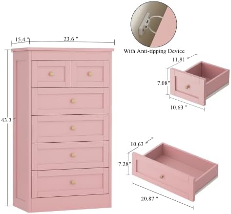 wanan Tall 6 Drawer Dresser for Bedroom, Pink Modern 43.3'' Tall Wood Chest of Drawers, Storage Organizer with Smooth Metal Rails & Anti-Tip Kit for Closet, Hallway, Living Room - Image 2