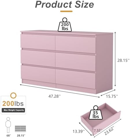 VERYKE Pink 6 Drawer Dresser for Bedroom,Chest of Drawers with No-Handle Design for Closet,Modern Wood Dresser Bedroom Storage Furniture - Image 3