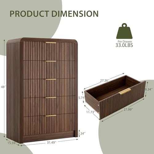 Decofy Fluted 5 Drawers Dresser, 48" Tall Chest of Drawers for Bedroom - Image 2