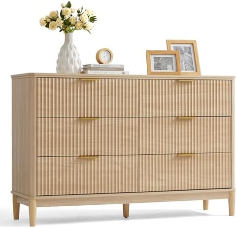 LINSY Fluted Dresser for Bedroom with 6 Drawers, Mid Century Modern Chest of Drawers with Gold Metal Handles, Wide Boho Wood Dressers, Large Farmhouse Storage Cabinet for Bedroom, Living Room, Oak by Linsy