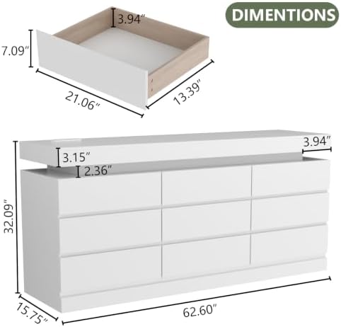 Gyfimoie 9 Drawer Dresser with Power Outlet, Modern Dresser with LED Light - Image 2