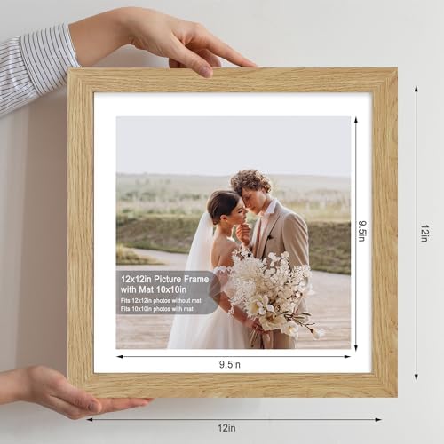 Hongkee 12x12 Picture Frame Set of 4 - Made of Glass and Natural Oak Wooden Frame, Display Square Pictures 10x10 with Mat or 12 x 12 without Mat, Desktop & Wall Collage Photo Frame - Image 2