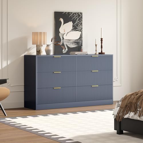 6 Drawer Fluted Dresser for the Bedroom, 55" Wide Wooden Dresser with Deep Drawers, Large Floor Chest of Drawers, Modern Long TV Stand, Storage Cabinet for Livingroom, Hallway, Blue - Image 5