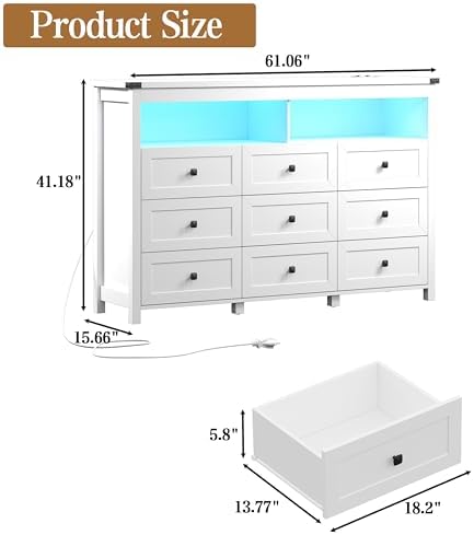 Wodeer 9 Drawer Dresser for Bedroom with LED Lights, Charging Station, Wood Chest of Drawers with Metal Handles, Modern TV Stand & Storage Organizer for Bedroom, Hallway, White - Image 2