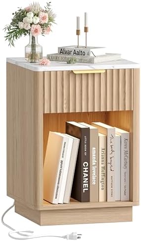 Akxomel Fluted Nightstand Bedside Table with Charging Station Oak by Akxomel