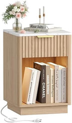 Akxomel Fluted Nightstand Bedside Table with Charging Station Oak by Akxomel