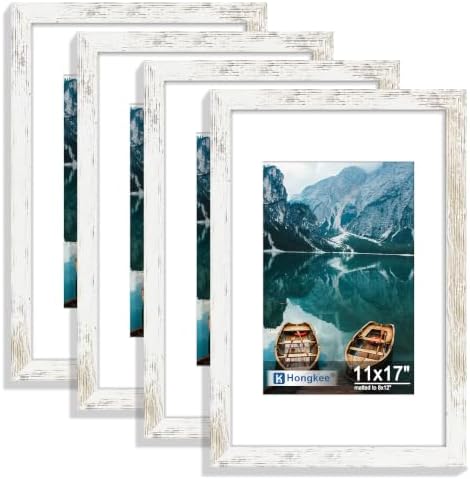 Hongkee 11x17 Picture Frame Set of 4, 11x17 Distressed White Wood, Mat 8x12 by Hongkee