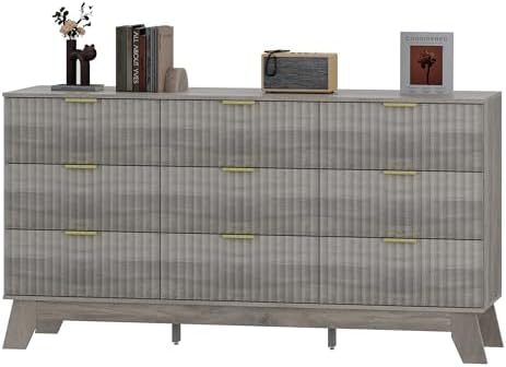 HUANLEGO Fluted Dresser for Bedroom with 9 Drawers, Grey by HUANLEGO