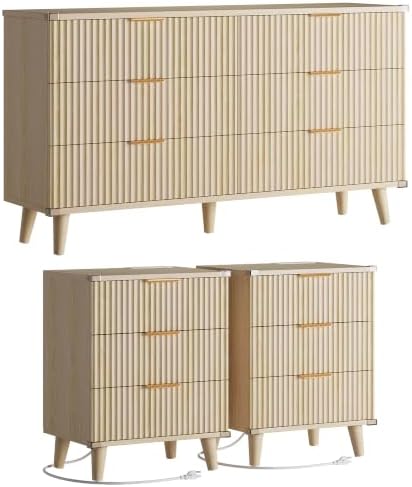 Modern Dresser and Nightstand Sets 3-Piece, 2 Nightstands 6-Drawer Dresser by Lulive