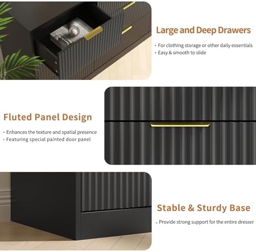 Black Dresser with 9 Drawer 63" Wide Fluted Dresser for Bedroom丨Long Dresser Modern Chest of Drawers with Gold Handle, Wood TV Stand Storage Organizer for Bedroom, Living Room, Black - Image 4
