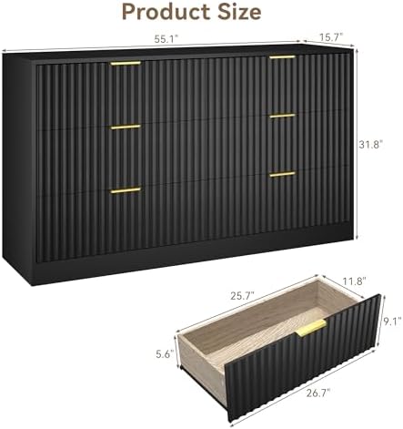 Black 6 Drawer Dresser for Bedroom, 55" Wide Fluted Chest of Drawers with Gold Metal Handles, Wood Dresser Storage Organizer Mid Century TV Stand for Living Room Closet Hallway - Image 2