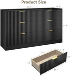 Black 6 Drawer Dresser for Bedroom, 55" Wide Fluted Chest of Drawers with Gold Metal Handles, Wood Dresser Storage Organizer Mid Century TV Stand for Living Room Closet Hallway - Image 2