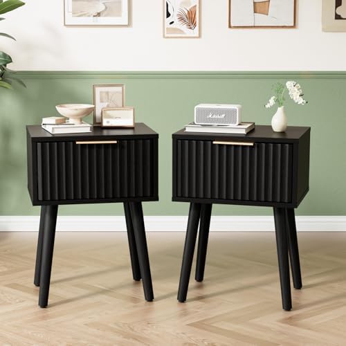 VINGLI Night Stand Set 2, Fluted Nightstands with Drawer, Mid Century Modern Nightstands Set of 2, Bedside Table, End Table, Wood Nightstand for Bedroom, Black, 15.75" W*11.81" D*21.85" H by VINGLI