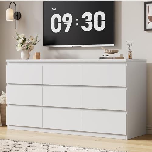 Jocoevol Modern 9 Drawer Dresser for Bedroom, Simply Chest of Drawers, Wood Storage Dresser with Deep Drawers for Living Room Hallway Entryway (White) by JOCOEVOL