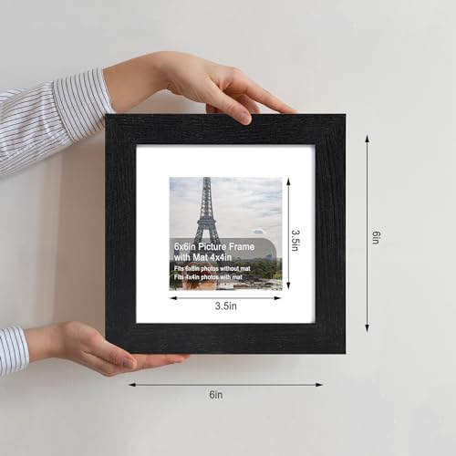 Hongkee 6x6 Picture Frame Set of 4, Made of Glass and Rustic Black Wooden Frame - Display Picture 4x4 with Mat or 6 x 6 Without Mat, 6x6 Photo for Wall or Tabletop - Image 2
