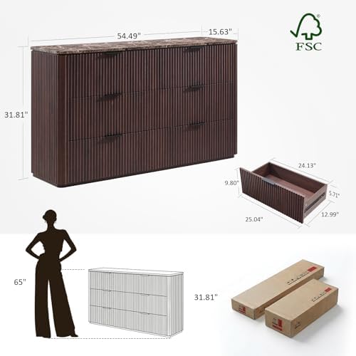 54" W Fluted 6 Drawer Bedroom Dresser, with Faux Marble Top,Dark Oak - Image 2