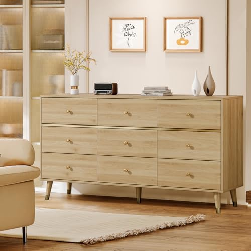 Chrangmay 9 Drawer Dresser,63" Wide Mid Century Modern Chest of Drawers,Wooden Bedroom Drawer Dresser with 9 Storage Drawers for Bedroom, Living Room,with Anti-Tipping Device,Natural - Image 7