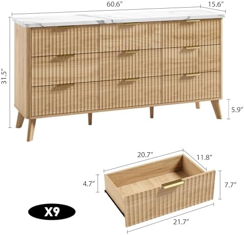 GarveeHome Fluted Dresser for Bedroom with 9 Deep Drawers, Natural Oak - Image 2