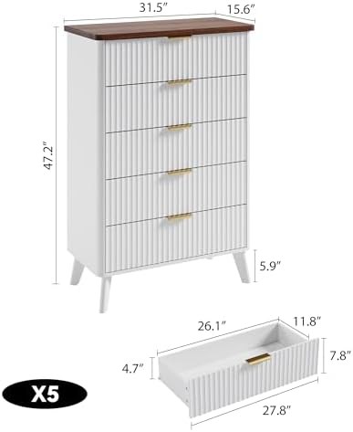GarveeHome Fluted Dresser for Bedroom with 5 Deep Drawers, White - Image 2