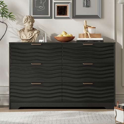 MALOL Coastline Fluted 6 Drawers Dresser for Bedroom, 48" Wide Modern Chest of TV Stand Organizers with Metal Handle, Storage Wooden Dresser Drawer for Living Room, Hallway, Closet, Black Wood by MALOL