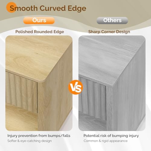 VINGLI 19"W Nightstands Set of 2 with Charging Station, LED Nightstand Fluted with Rounded Edge, Mid Century Modern Nightstand for Bedroom, Fluted Bed Side Table, Oak Night Stand, 18.9"W*15"D*22.4"H - Image 4
