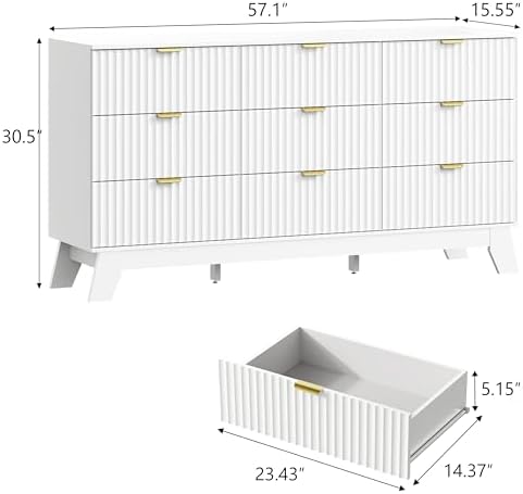 Wodeer 9 Drawer Fluted Dresser for Bedroom, Mid Century Modern Dresser with 9 Drawers, Dressers & Chests of Drawers with Metal Handle, TV Stand & Storage Organizer for Entryway, Hallway, White - Image 2
