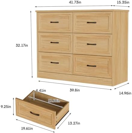 Fameill Dresser for Bedroom, 6 Drawer Wide Dresser Organizer with Charging Station for Hallway with Metal Handles, Oak - Image 2