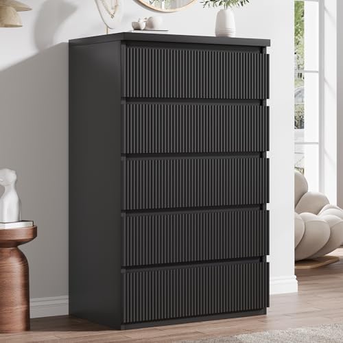 Jocoevol 5 Drawer Dresser, 43" Tall Dresser Chest of Drawers Fluted Design, Wood Mid Century Vertical Dresser Natural Texture for Bedroom, Black Dresser - Image 3