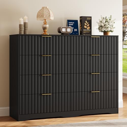 Fluted 8 Drawers Dresser for Bedroom, 55" Wide Wood Dressers, Black by METOTI