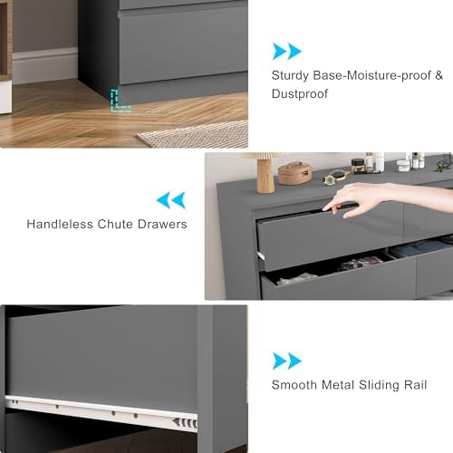 Vibe & Dine Grey Dressers for Bedroom, Double Dresser with 6 Drawers, Modern Chest of Drawers with Wide Storage for Closet, Bedroom, Living Room - Image 6