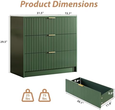 MAISONARIA Green Fluted Dresser for Bedroom, 32 Inch Wide Nightstand with Large Drawer, 3 Drawer End Table for Bedroom, Living Rooms, Offices, and Entryways - Image 2