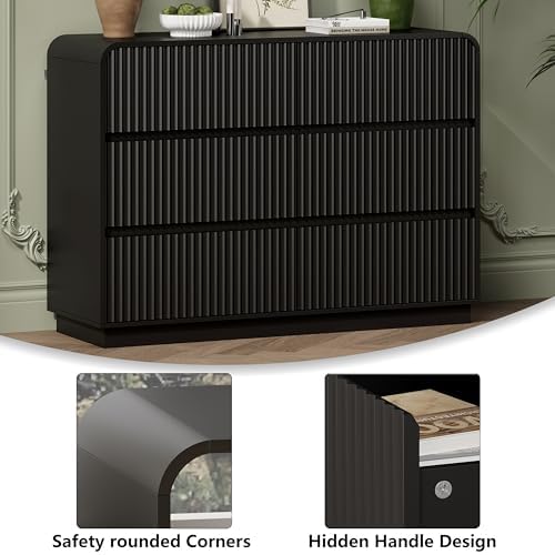 Wodeer Black Dresser Fluted 6 Drawers Dresser for Bedroom, 47" Wide Wood Chest of Drawers with Hidden Handles & Rounded Corners, Modern TV Stand Storage Cabinet for Living Room, Hallway, Entryway - Image 5