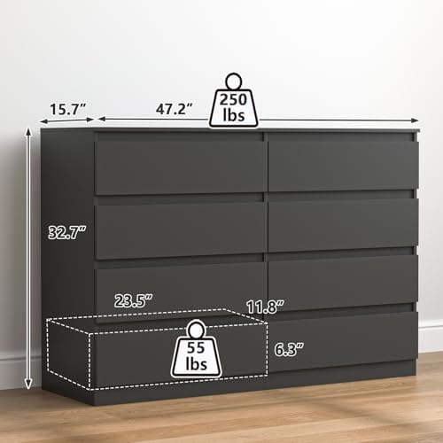 Vibe & Dine Double Dresser 8 Drawer, Modern Wooden Chest of Drawers with Wide Storage for Closet, Bedroom, Living Room, Black - Image 3