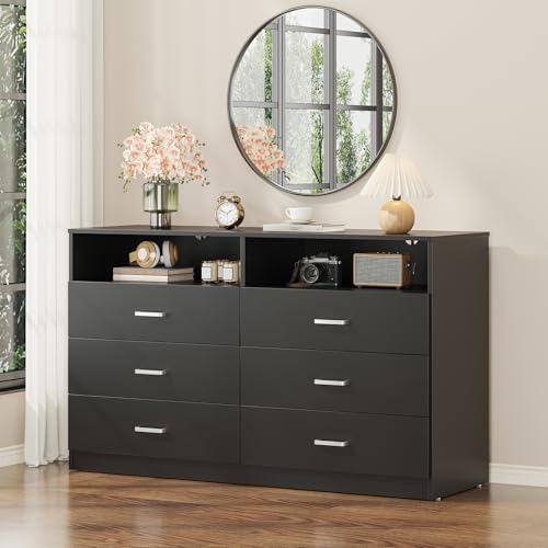 Bigbiglife 6 Drawers Dresser for Bedroom with Open Storage Cubby, Double Wide Dresser Organizer for Bedroom, Living Room, Entryway, Hallway (Black) - Image 4