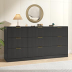 Black Dresser with 9 Drawer 63" Wide Fluted Dresser for Bedroom丨Long Dresser Modern Chest of Drawers with Gold Handle, Wood TV Stand Storage Organizer for Bedroom, Living Room, Black by NOVAMAISON